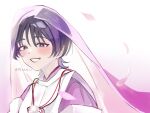  1boy black_hair blunt_ends blush bright_pupils clothing_cutout eyeliner eyeshadow falling_petals genshin_impact japanese_clothes kariginu kimono layered_sleeves looking_at_viewer makeup male_focus minatuki_(m1natuki_i) multicolored_hair open_mouth petals pink_kimono pink_lips pink_petals pink_sleeves pom_pom_(clothes) portrait purple_eyes purple_hair purple_veil red_eyeliner red_eyeshadow scaramouche_(genshin_impact) scaramouche_(kabukimono)_(genshin_impact) see-through_clothes see-through_veil shoulder_cutout smile solo streaked_hair string twitter_username veil white_mouth white_pupils white_sleeves wispy_bangs 