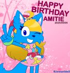 2025 ahoge amitie anthro belt birthday blonde_hair blue_body blue_eyes blue_fur bottomwear bracelet canid canine canis clothing cosplay english_text fan_character female fox fur gesture hair hand_gesture happy_birthday hat headgear headwear hi_res jewelry jone-foxywild joneoyvilde03 long_hair mammal one_eye_closed pink_background puyo_puyo red_belt red_clothing red_hat red_headwear sega shorts simple_background solo tail text v_sign wolf yellow_bottomwear yellow_clothing yellow_shorts