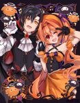  1boy 1girl ahoge antenna_hair black_cape black_hair brooch brown_hair cape dated double-parted_bangs eiyuu_densetsu english_text estelle_bright fangs gloves hair_between_eyes hair_intakes halloween halloween_costume highres jack-o&#039;-lantern jewelry joshua_bright long_hair long_sleeves looking_at_viewer mullet neckerchief open_mouth parted_bangs popped_collar puffy_long_sleeves puffy_sleeves red_eyes short_hair smile sora_no_kiseki twintails two-sided_cape two-sided_fabric upper_body v vampire vampire_costume very_long_hair vest waistcoat white_neckerchief willfin yellow_eyes 