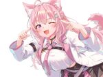  1girl ;3 absurdres animal_ears antenna_hair arm_belt belt black_choker black_skirt blush braid braided_bun breasts chest_belt choker coat collared_shirt commentary crown_braid fang fingernails hair_bun hair_ornament hair_ribbon hakui_koyori hakui_koyori_(1st_costume) highres hololive index_fingers_raised lab_coat large_breasts long_hair long_sleeves looking_at_viewer nail_polish necktie one_eye_closed open_mouth pink_hair pink_nails pink_necktie pink_tail pocket_watch purple_eyes red_ribbon ribbon shirt simple_background skirt smile solo tail tie_clip virtual_youtuber watch white_background white_belt white_coat white_shirt wolf_ears wolf_girl wolf_tail yachahechara 