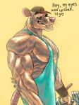 2022 anthro clothing dialogue exercise hat headgear headwear hi_res male mammal murid murine muscular muscular_male nipples pecs pink_nose rat rodent shirt simonsbathtub solo tank_top text topwear weightlifting whiskers workout