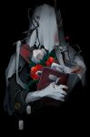  1boy black_background black_coat charon_(reverse:1999) coat covered_face dog_tags flower hand_up highres holding holding_dog_tags holding_notebook male_focus notebook o_mgr6 poppy_(flower) reverse:1999 solo thorns twitter_username upper_body veil white_flower white_veil 