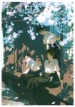  3boys arm_support black_hair black_hakama border branch brown_hair cherry_blossoms dappled_sunlight day falling_petals glasses hair_between_eyes hakama hakama_skirt head_rest highres japanese_clothes long_sleeves looking_at_viewer male_focus multiple_boys original outdoors petals short_hair sitting skirt sunlight tree xiaojiaju 