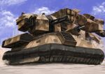  arm_cannon blue_sky camouflage cloud desert dual_arm_cannons front_mission highres hovercraft mecha mecha_focus military no_humans robot sand science_fiction sky tyokugekidato watercraft weapon woodland_camouflage 