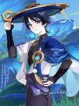  1boy anemo_symbol_(genshin_impact) aqua_gemstone arm_at_side armor black_bodysuit black_bow black_bridal_gauntlets black_hair black_shorts blue_cape blue_hat blue_kimono blue_sky blue_sleeves blunt_ends bodysuit bow bridal_gauntlets bright_pupils cape clear_sky cnorkie eyeliner eyeshadow feathers furisode gem genshin_impact gold gold_ring grass hand_on_own_hip hand_up hat highres japanese_armor japanese_clothes jingasa juban kimono kote kurokote layered_sleeves looking_at_viewer makeup male_focus mandarin_collar middle_ring open_clothes open_kimono outdoors pale_skin plant pom_pom_(clothes) purple_eyes purple_rope purple_sash red_eyeliner red_eyeshadow rope sash scaramouche_(genshin_impact) short_sleeves shorts sky smile solo tassel toned toned_male twitter_username upper_body wanderer_(genshin_impact) white_kimono white_pupils white_sleeves white_trim wispy_bangs yellow_feathers 
