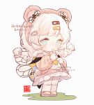  1girl absurdres backpack bag bear_hat blue_eyes blunt_bangs braid brown_cardigan brown_hat cardigan chibi chibi_only closed_mouth frilled_skirt frills full_body hat highres long_hair long_sleeves looking_at_viewer mihuashi_167748 necktie original pink_shoes pink_skirt shoes simple_background skirt socks solo standing teardrop twin_braids white_background white_hair white_socks yellow_necktie 