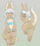  1girl animal_ears ass bikini blush breasts brown_fur colored_eyelashes commentary completely_nude english_commentary frojiros furry furry_female genderswap genderswap_(otf) green_eyes grey_hair highres made_in_abyss nanachi_(made_in_abyss) nude small_breasts strapless strapless_bikini striped_bikini striped_clothes swimsuit tail 