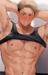  1boy abs armpit_hair armpits arms_behind_head bara black_shirt blue_eyes blurry blush brown_hair clenched_teeth clothes_lift depth_of_field earrings fangs hao_(haozz) jewelry looking_at_viewer male_focus muscular muscular_male nipples original pectorals pubic_hair pubic_hair_peek shirt shirt_lift sidecut sweat tan tank_top teeth translation_request twitter_username 