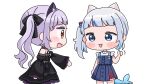 2girls :d ^^^ animal_ear_fluff animal_ears black_dress black_sleeves blue_dress blue_eyes blue_hair blush_stickers brown_eyes cat_ears chibi commentary_request cube_hair_ornament detached_sleeves dress fins fish_tail gawr_gura gawr_gura_(casual) grey_hair hair_ornament heart heart_in_eye highres hololive hololive_english juliet_sleeves long_sleeves mochimiko multicolored_hair multiple_girls murasaki_shion murasaki_shion_(gothic_lolita) puffy_sleeves shark_tail side_ponytail simple_background sleeveless sleeveless_dress smile streaked_hair symbol_in_eye tail thumbs_up virtual_youtuber white_background wide_sleeves 