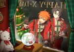  2boys ahoge akehoshi_subaru bbahot black_gloves black_hair blue_eyes bouquet christmas_tree closed_mouth commentary english_commentary ensemble_stars! flower gloves green_necktie hair_between_eyes hat hidaka_hokuto holding holding_bouquet jacket jewelry long_sleeves looking_inside lower_teeth_only male_focus multiple_boys necktie open_clothes open_jacket open_mouth orange_hair pants parted_bangs red_flower red_jacket red_pants ring santa_hat short_hair smile snow_globe stuffed_animal stuffed_toy teddy_bear teeth 