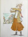  1girl bag black_boots blonde_hair blue_sky boots brown_coat brown_skirt building coat commentary_request finger_frame full_body grey_eyes highres long_skirt one_eye_closed open_clothes open_coat original peter_salt red_scarf scarf shirt short_hair shoulder_bag skirt sky solo standing topknot town traditional_media white_shirt 