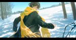  1boy bare_tree black_coat black_hair coat cowboy_shot day from_behind hair_between_eyes highres long_sleeves looking_at_viewer looking_back male_focus original outdoors scarf short_hair smile solo tree winter winter_clothes winter_coat winter_uniform xiaojiaju yellow_scarf 