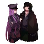  1boy 1girl alternate_costume assertive_female black_hair fate/grand_order fate_(series) koha-ace long_hair major_reiter medusa_(fate) nekoyamiyako okada_izou_(fate) purple_eyes purple_hair red_eyes simple_background white_background 