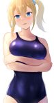  1girl bangs blonde_hair blue_eyes blue_scrunchie blush breasts collarbone commentary crossed_arms hair_between_eyes hair_ornament hair_scrunchie hayasaka_ai kaguya-sama_wa_kokurasetai_~tensai-tachi_no_renai_zunousen~ large_breasts long_hair looking_at_viewer run_sho school_swimsuit scrunchie side_ponytail simple_background solo straight-on swimsuit upper_body v-shaped_eyebrows wet wet_clothes wet_swimsuit white_background 