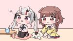  2girls :3 :d animal animal_ears bare_arms bare_shoulders black_bow black_necktie black_skirt black_thighhighs blush_stickers bone_hair_ornament bow braid brown_eyes brown_hair cartoon_bone chibi closed_mouth collared_shirt cup cushion dog dog_ears drinking_glass drinking_straw gradient_hair grey_hair hair_bow hair_ornament hololive horns indoors inugami_korone inugami_korone_(1st_costume) long_hair low_twintails mochimiko multicolored_hair multiple_girls nakiri_ayame nakiri_ayame_(streetwear) necktie no_shoes oni pleated_skirt red_eyes red_hair red_socks shirt sitting skirt sleeveless sleeveless_shirt smile socks streaked_hair table thighhighs twin_braids twintails very_long_hair virtual_youtuber wariza white_shirt x_hair_ornament zabuton 