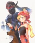  1boy 1girl arm_behind_back armband armor black_bodysuit black_shirt blonde_hair blue_eyes bodysuit bracelet breasts choker doberman dog earrings final_fantasy final_fantasy_vi hair_between_eyes holding holding_paintbrush interceptor_(ff6) jewelry mask mouth_mask multiple_earrings ninja_mask paintbrush painting_(action) red_eyes red_headwear regan_(hatsumi) relm_arrowny shadow_(ff6) shirt short_hair shoulder_armor small_breasts smile strapless tube_top twitter_username upper_body visor wavy_hair white_background 