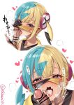  1boy 1girl after_fellatio aqua_hair bar_censor black_hair blonde_hair blue_eyes blush canari_(pokemon) censored commentary cum cum_in_mouth ebifurya fellatio fellatio_under_mask hair_between_eyes heart heart-shaped_pupils hetero highres licking licking_penis male_pubic_hair mask mouth_mask multicolored_hair multiple_views open_mouth oral penis pokemon pokemon_legends:_z-a pubic_hair simple_background sound_effects stray_pubic_hair symbol-shaped_pupils tongue twintails twitter_username white_background 