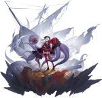  1girl absurdres adventure_(azur_lane) azur_lane black_hat black_shoes blue_tongue breasts colored_tongue dress full_body groin hair_between_eyes hat highres large_breasts long_hair looking_at_viewer multicolored_hair navel no_panties non-web_source official_art open_mouth pirate_hat purple_eyes purple_hair red_dress red_thighhighs ringed_eyes shoes sideboob skindentation sleeves_past_fingers sleeves_past_wrists solo standing streaked_hair tentacles thighhighs torn_clothes white_hair wide_sleeves 