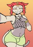 2025 absurd_res anthro apsel_bluestar arched_back betelgeusian bottomwear bracelet bulge clothing english_description fangs fishnet_clothing fishnet_topwear front_view fur gloves_(marking) gold_(metal) gold_bracelet gold_jewelry green_bottomwear green_clothing green_shorts half-closed_eyes headgear headwear hi_res jewelry male mammal markings meow_(space_dandy) narrowed_eyes navel red_clothing red_headwear selfie shorts smile solo space_dandy tail tan_body tan_fur teeth topwear whiskers