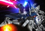  aqua_eyes beam_rifle debris energy_gun explosion firing g-saviour_gundam gun gundam gundam_g-saviour hiropon_(tasogare_no_puu) holding holding_gun holding_weapon humanoid_robot mecha mobile_suit no_humans robot science_fiction solo space weapon 