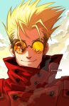  2boys blonde_hair classystaches closed_mouth cloud cloudy_sky cross earrings highres jewelry looking_at_another multicolored_sky multiple_boys nicholas_d._wolfwood reflection short_hair single_earring sky smile sunglasses trigun twitter_username vash_the_stampede 