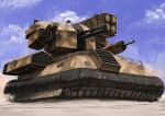  arm_cannon blue_sky camouflage cloud desert dual_arm_cannons front_mission highres hovercraft mecha mecha_focus military no_humans robot sand science_fiction sky solo tyokugekidato watercraft weapon woodland_camouflage 