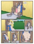 absurd_res anthro aroused belly big_bad_wolf big_penis blue_clothing blue_topwear blue_vest bodily_fluids canid canine canis claws clothing comic cum cum_on_belly cum_on_body cum_on_chest digested door ejaculation english_text fairy_tales fur genital_fluids genitals grass grey_body grey_fur hi_res huttsergreywolf long_snout looking_pleasured male mammal moan orgasm partially_clothed_anthro partially_clothed_male penis plant snout solo text the_three_little_pigs thought thoughts topwear vest vore weight_gain wolf
