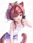  1girl animal_ears artist_name bell belt black_belt black_collar black_gloves blue_eyes blue_shorts bra cat_ears cat_girl cat_tail collar commentary cowboy_shot denim denim_shorts english_commentary fang fingerless_gloves gloves green_eyes hair_between_eyes hair_ornament hairclip hand_up headphones heterochromia highres leaning_forward long_bangs looking_at_viewer micunchi neck_bell open_mouth original parallel_hairclips parted_bangs red_hair short_hair short_shorts shorts simple_background skin_fang smile solo sprout_on_head standing tail tank_top underwear watermark white_background white_bra white_tank_top 