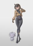  1girl :3 arm_up black_bodysuit black_gloves black_hair bodysuit bodysuit_under_clothes breasts brown_jacket closed_mouth commentary covered_navel crossed_legs dark-skinned_female dark_skin emma_(pokemon) espurr full_body gloves hair_between_eyes hair_ornament highres jacket latex latex_bodysuit long_sleeves looking_at_viewer medium_breasts mega_stone one_eye_closed open_clothes open_jacket orange_gloves pokemon pokemon_(creature) pokemon_legends:_z-a purple_eyes revision shoes short_hair sidelocks simple_background smile standing swept_bangs thorn_(kmconceptart) two-tone_gloves watson_cross 