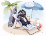  1boy ball beach beach_chair beach_umbrella beachball black_helmet black_male_swimwear black_shirt capitano_(genshin_impact) coconut collared_shirt commentary_request drink genshin_impact helmet highres holding holding_drink lying male_focus male_swimwear on_back open_clothes open_shirt outdoors palm_tree shirt solo starfish swim_trunks tree umbrella uouzzz 