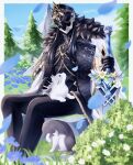  1boy absurdres animal black_fur black_hair black_helmet black_pants black_shirt blue_flower border cape capitano_(genshin_impact) cat collared_shirt commentary_request falling_petals flower fur_trim genshin_impact gold_trim helmet highres holding holding_sword holding_weapon leaf long_hair looking_up male_focus on_lap outdoors pants petals shirt solo sword tree tuxedo_cat uouzzz weapon white_border white_cape white_cat white_flower 