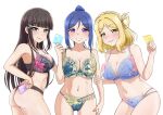  3girls :d ass black_bra black_hair black_panties blonde_hair blue_bra blue_hair blue_panties bra breasts cleavage collarbone condom condom_wrapper embroidered_bra embroidered_panties floral_print holding holding_condom kurosawa_dia looking_at_viewer love_live! love_live!_sunshine!! matsuura_kanan multiple_girls navel non-web_source ohara_mari panties purple_bra purple_panties shooter_(l.i.r) skindentation smile underwear underwear_only 
