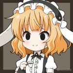  1girl animal_ears bangs black_background black_eyes black_hairband blonde_hair blush center_frills chibi closed_mouth coffee collared_shirt commentary_request cup fake_animal_ears floppy_ears frilled_hairband frills gochuumon_wa_usagi_desu_ka? grey_background hairband hand_up holding holding_cup kirima_syaro mitya puffy_short_sleeves puffy_sleeves rabbit_ears shirt short_sleeves smile solo twitter_username two-tone_background upper_body white_shirt 