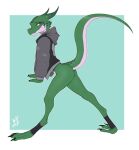  2021 anthro bottomless bottomless_anthro bottomless_female butt clothed clothing female full-length_portrait green_body green_scales hoodie horn jacket kobold leaning leaning_forward looking_back portrait raised_tail scales scalie side_view solo topwear w4g4 