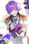  1boy ahoge commentary cowboy_shot dated falling_petals flower gloves grin hair_between_eyes hand_on_own_chest happy_birthday highres jacket leaning_forward looking_at_viewer male_focus nanamori_(stpri) outstretched_hand pants petals purple_eyes purple_flower purple_hair seri_(komubitti111) short_hair simple_background smile solo strawberry_prince vest waistcoat white_background white_gloves white_jacket white_pants 