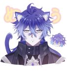  1boy animal_ear_fluff animal_ears black_jacket blue_gemstone blue_hair cat_boy cat_ears cat_tail closed_mouth collared_jacket commentary_request cropped_shoulders crossed_bangs double-parted_bangs empty_eyes flins_(genshin_impact) frown gem genshin_impact gradient_hair highres jacket jitome kemonomimi_mode long_hair male_focus miruku_220617 multicolored_hair multiple_views tail yellow_eyes 