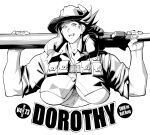  1girl braid breasts burustandin commentary crop_top crop_top_overhang cropped_torso english_commentary freckles greyscale gun hat highres holding holding_gun holding_weapon large_breasts low_twin_braids monochrome muscular muscular_male open_mouth original pouch smile solo twin_braids underboob upper_body weapon 