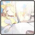  2girls animal_ears animal_hair_ornament bare_shoulders black_one-piece_swimsuit blonde_hair blue_archive border car car_interior car_seat choker closed_mouth driving fox_ears game_cg gold_necklace hair_intakes hair_ornament hair_over_face hair_over_one_eye half-closed_eyes halo jacket jewelry leaning_against_vehicle long_hair looking_to_the_side motor_vehicle multiple_girls nagisa_(blue_archive) nagisa_(swimsuit)_(blue_archive) necklace non-web_source official_alternate_costume official_art one-piece_swimsuit ponytail red_choker seia_(blue_archive) seia_(swimsuit)_(blue_archive) shaded_face sleeves_past_fingers sleeves_past_wrists sunlight swimsuit visor_cap wavy_mouth white_car white_one-piece_swimsuit windshield yellow_jacket yellow_visor 