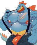  1boy alligator_boy bara beard belly claws clenched_hand closed_mouth crocodilian_tail facial_hair fangs fangs_out fat feraligatr furry furry_male highres male_focus male_underwear navel nipples open_fly pokemon pokemon_(creature) profile red_male_underwear scar scar_on_chest smile suspenders tail topless_male torazaki underwear white_background 