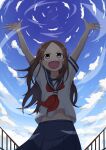  1girl :d absurdres arms_up blue_skirt blue_sky brown_eyes brown_hair cloud day facing_viewer highres karakai_jouzu_no_takagi-san long_hair looking_up midriff_peek navel oo_s outdoors school_uniform short_sleeves skirt sky smile solo standing takagi-san 