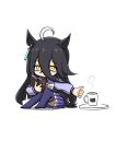  1girl ahoge animal_ears black_hair book bow bowtie coffee coffee_mug cup ear_tag earrings hair_between_eyes highres holding holding_book horse_ears horse_girl horse_tail jewelry long_bangs long_hair long_hair_between_eyes long_sleeves magnoliko manhattan_cafe_(umamusume) mug multicolored_hair purple_sailor_collar purple_serafuku purple_shirt purple_skirt purple_thighhighs reaching reading sailor_collar sailor_shirt school_uniform serafuku shirt simple_background single_earring sitting skirt solo steaming_cup tail thighhighs tracen_school_uniform umamusume very_long_hair white_bow white_bowtie white_hair yellow_eyes 