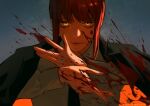  1girl black_coat black_necktie blood blood_on_face blood_spray chainsaw_man closed_mouth coat coat_on_shoulders english_commentary grey_shirt highres looking_at_viewer makima_(chainsaw_man) necktie red_hair shirohakune shirt sidelocks solo yellow_eyes 