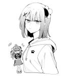  &gt;_&lt; +++ 2girls 6t24413 :d absurdres ahoge blush chibi chibi_inset chiyoda_momo closed_mouth commentary_request cropped_torso demon_girl demon_horns drawstring flower from_side greyscale hair_flower hair_ornament halftone highres hood hood_down hoodie horns looking_at_viewer machikado_mazoku medium_hair monochrome multiple_girls paw_print shoes simple_background smile translation_request white_background x_hair_ornament xd yoshida_yuuko 