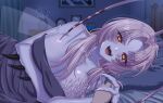  1girl after_sex antenna_hair arthropod_girl breasts cleavage cockroach_girl gardavwar highres holding_hands large_breasts looking_at_viewer matara_kan matara_kan_(military) monster_girl pink_hair red_eyes shared_bed sleeping_together virtual_youtuber 