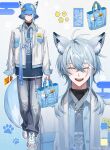  1boy :d ^_^ absurdres animal_ears antenna_hair bag bag_charm beads bell between_fingers black_shirt blue_background blue_bag blue_eyes blue_hat blue_jacket blue_ribbon blue_shirt blue_shoes breast_pocket bucket_hat chain chain_necklace charm_(object) chinese_knot closed_eyes closed_mouth collared_jacket color_guide crossed_bangs denim ear_piercing earrings ears_through_headwear egasumi extra_ears fangs fold-over_collar fox_boy fox_ears fox_tail full_body gradient_background grey_pants hair_between_eyes haro_(stave) hat hat_chain hat_ornament highres holding holding_bag jacket jade_(gemstone) jeans jewelry jingle_bell layered_clothes long_sleeves looking_at_viewer male_focus medium_hair multicolored_hair nail_polish neck_bell necklace official_art open-toe_shoes open_clothes open_jacket pants paw_print paw_print_background piercing pocket pom_pom_(clothes) print_headwear purple_nails qr_code ribbon ring_piercing shirt shoes simple_background sjamki sleeve_cuffs sleeves_past_wrists smile sneakers solo standing stave_(vtuber) sticker streaked_hair stud_earrings tail talisman tassel toenail_polish toenails torn_clothes torn_jeans torn_pants tote_bag turtleneck turtleneck_shirt undershirt untucked_shirt virtual_youtuber white_background white_jacket wolf_cut yaopei zipper zoom_layer 