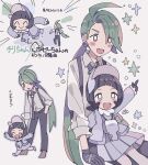  2girls :d :o ahoge black_gloves black_hair black_necktie black_pants blush_stickers chibi chibi_inset closed_eyes collared_shirt dress earrings full_body gloves green_hair grey_bonnet grey_dress grey_shirt highres jewelry long_hair long_sleeves looking_at_another multiple_girls multiple_views necktie pants pokemon pokemon_sv ponytail poppy_(pokemon) red_eyes remoooon rika_(pokemon) shirt short_hair simple_background sitting smile standing star_(symbol) suspenders triangle_earrings white_background 