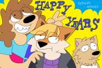 2025 :t anniversary annoyed anthro bird_dog blonde_hair brown_hair bunny_ears_(gesture) canid canine canis clothed clothed_anthro clothed_female clothed_male clothing colored dated derp_eyes digital_media_(artwork) domestic_dog english_description english_text eye_through_hair female female_anthro ferris_(normalsville) fluffy fox freoncat fur gesture golden_retriever group hair happy harrod_(normalsville) hunting_dog male male_anthro mammal mixed_breed nordic_sled_dog normalsville orange_body orange_fur pointy_ears poodle retriever samoyed smile spitz tan_body tan_fur text translucent translucent_hair trio white_body white_fur zoey_(normalsville)