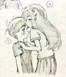  ! 1boy 1girl aged_down aubrey_(faraway)_(omori) aubrey_(omori) blush bow bright_pupils closed_eyes closed_mouth greyscale hair_bow hato_popo_37 heart highres kiss kissing_forehead long_hair looking_at_another monochrome omori shirt short_hair short_sleeves skirt smile speech_bubble spoken_exclamation_mark spoken_heart sunny_(omori) t-shirt traditional_media 