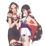  2girls black_dress black_gloves black_hair blue_eyes blunt_bangs blush boots braid commentary cowboy_shot crossed_arms dress english_commentary eyelashes fingerless_gloves floral_print floral_print_kimono gloves hair_bun hairband haori_on_shoulders highres holding holding_weapon japanese_clothes kimono looking_at_viewer multiple_girls nico_robin obi one_piece ponytail print_kimono purple_sash ria_(917_ria) sash sidelocks simple_background sleeveless sleeveless_kimono smile spy_x_family thigh_boots weapon white_background yor_briar 