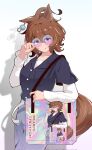  1girl :q adjusting_eyewear agnes_tachyon_(umamusume) ahoge alternate_costume animal_ears bag belt blue_eyes blue_pants blue_shirt brown_hair buttons chemical_structure collared_shirt commentary cowboy_shot drop_shadow earrings english_commentary gradient-tinted_eyewear hair_between_eyes hand_on_eyewear highres horse_ears horse_girl horse_tail huge_ahoge jewelry layered_sleeves long_sleeves looking_at_viewer nanaken_(qijian23092715) pants pocket purple_eyes recursion red_eyes shirt short_hair short_over_long_sleeves short_sleeves shoulder_bag simple_background single_earring solo tail tinted_eyewear tongue tongue_out umamusume white_background white_belt white_shirt 